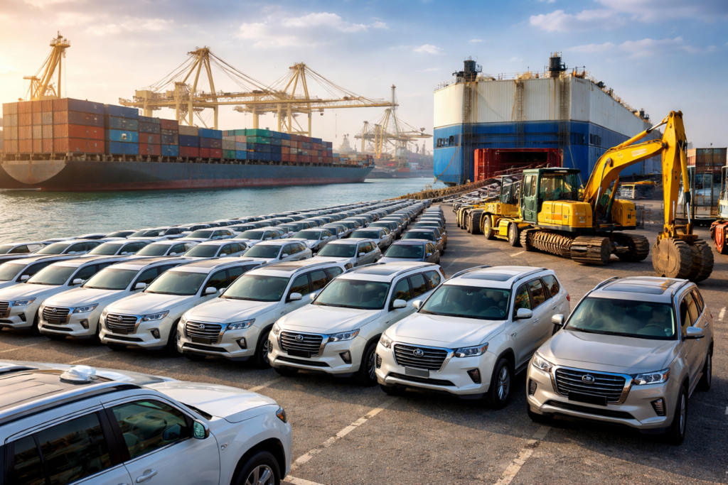 Brand new SUVs and heavy machinery ready for export at Dubai vehicle shipping yard
