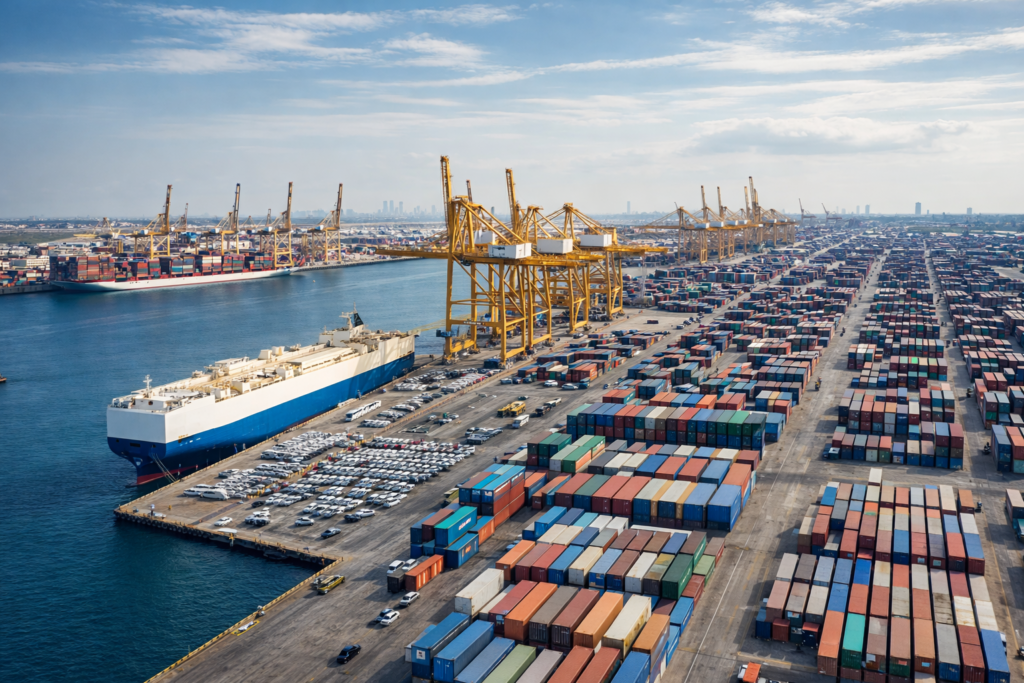 Jebel Ali Port Dubai vehicle export terminal with container yard, Ro-Ro vessel, and automotive logistics infrastructure