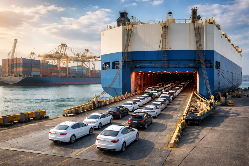 Ro-Ro shipping operations at Dubai port with brand new vehicles being loaded for international export